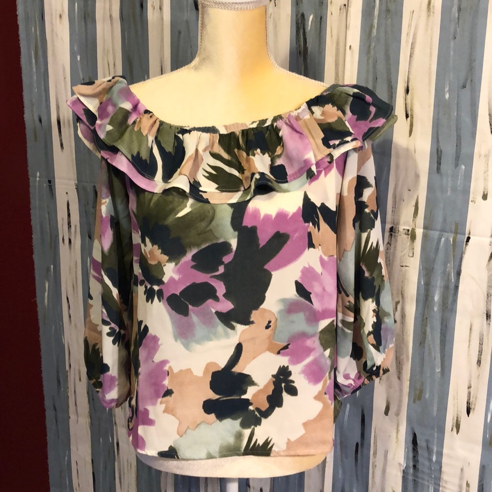 J Crew Printed Ruffle Convertible Blouse